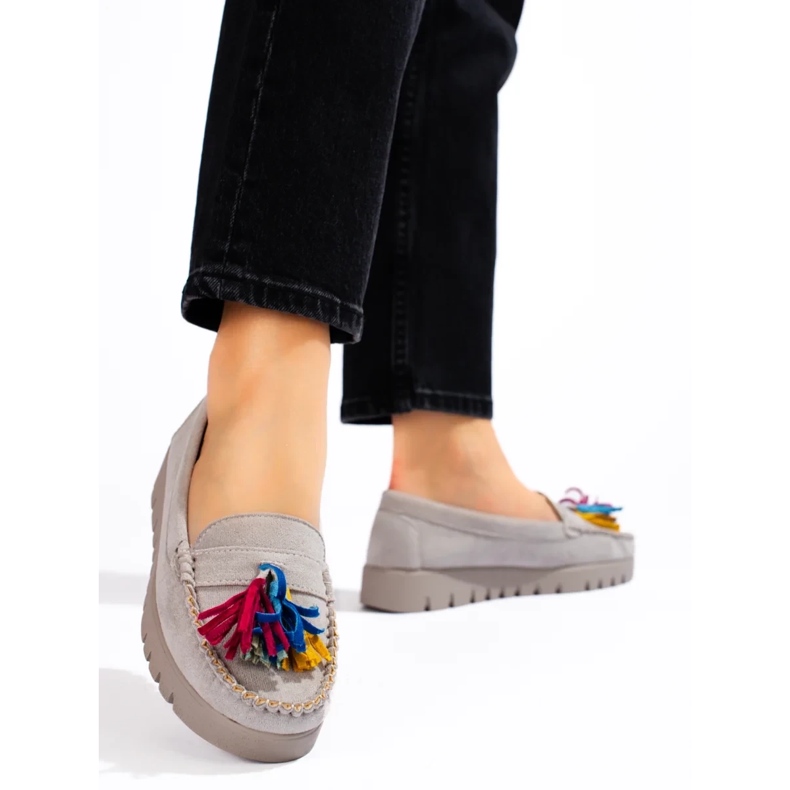 W. Potocki Mocassim boho de camurça Potocki cinza com franjas 2 W. Potocki Mocassim boho de camurça Potocki cinza com franjas 2