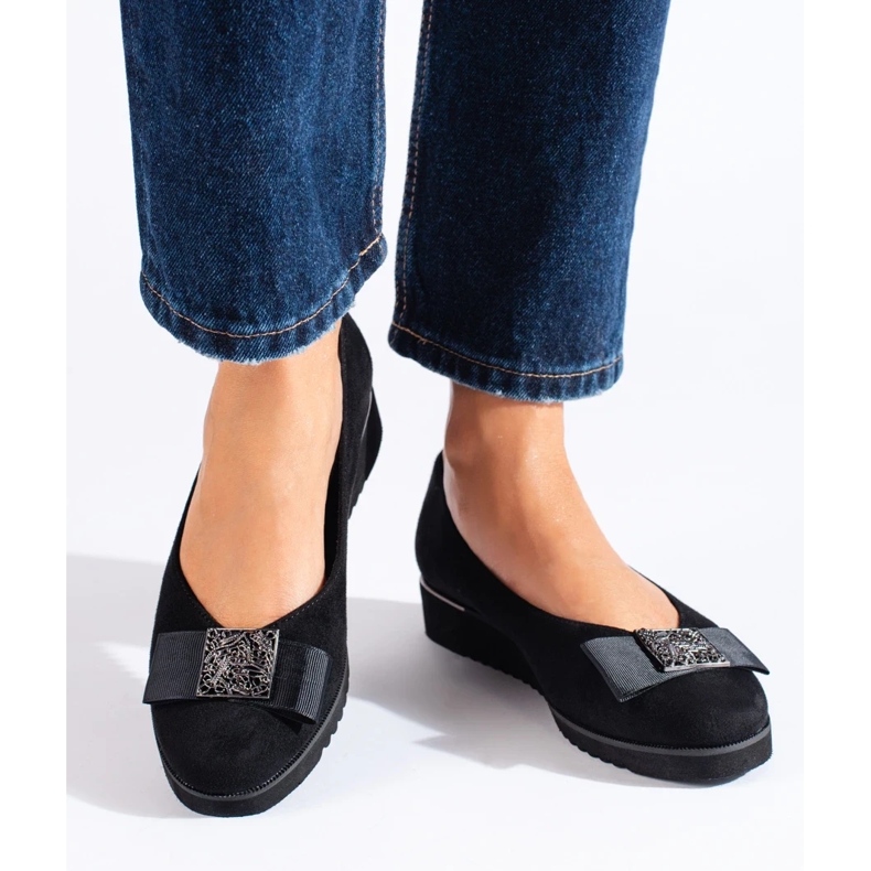 Sapatos de cunha baixa de camurça preta Shelovet preto 2