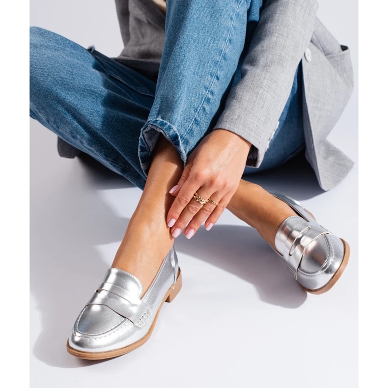 Mocassins femininos de couro ecológico prateado da Shelovet prata 2