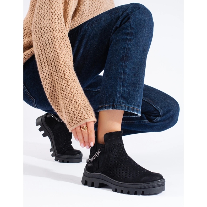 W. Potocki Botins femininos em camurça perfurada, preto, Potocki 1