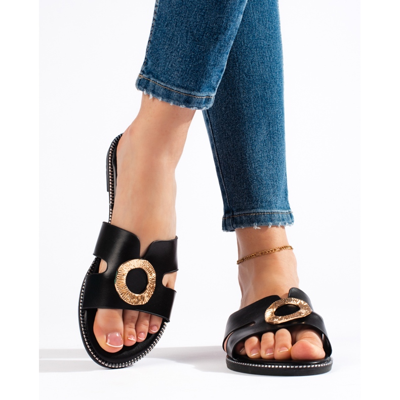 Slides planos femininos negros preto 2