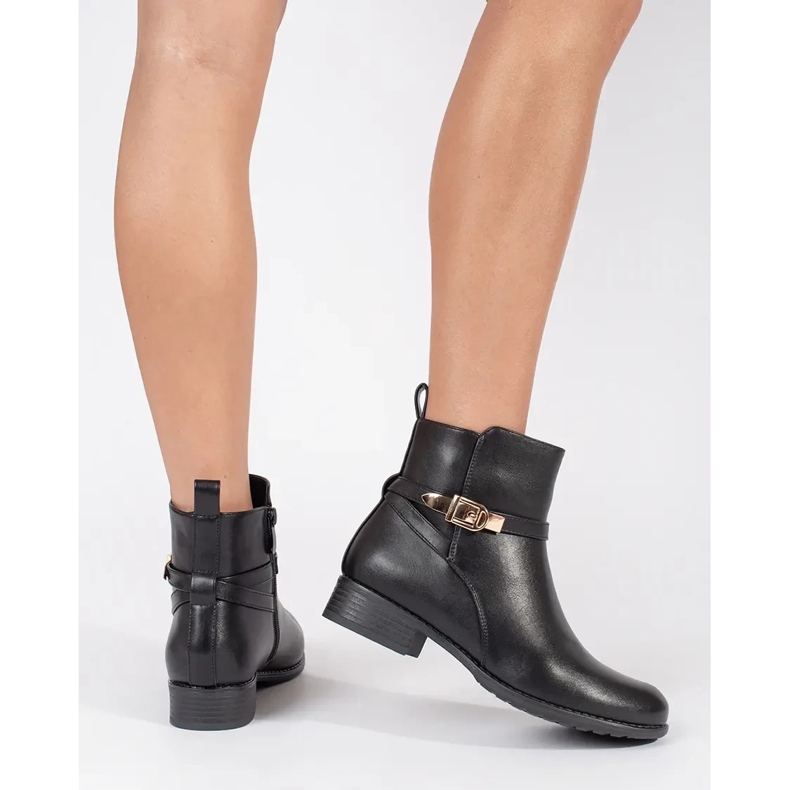 Botins femininos pretos de salto baixo com tira decorativa 2