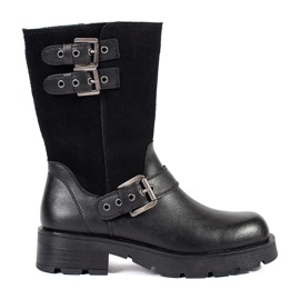 Botins femininos de couro preto na plataforma decorados com listras Sergio Leone 1