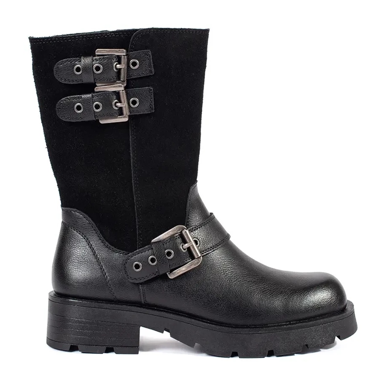 Botins femininos de couro preto na plataforma decorados com listras Sergio Leone 1