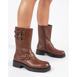 Botins femininos de couro marrom na plataforma decorados com listras Sergio Leone castanho 1