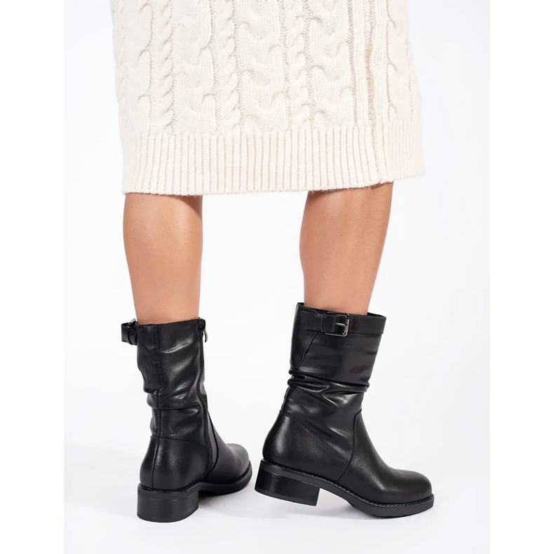 Sergio Leone Botins femininos com isolamento de couro preto 2