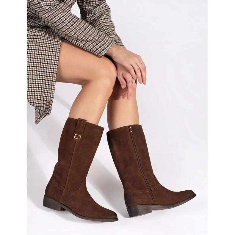 Botas cowboy femininas de couro marrom com salto alto Sergio Leone 1