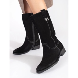 Botas cowboy femininas de couro preto com salto alto Sergio Leone 2