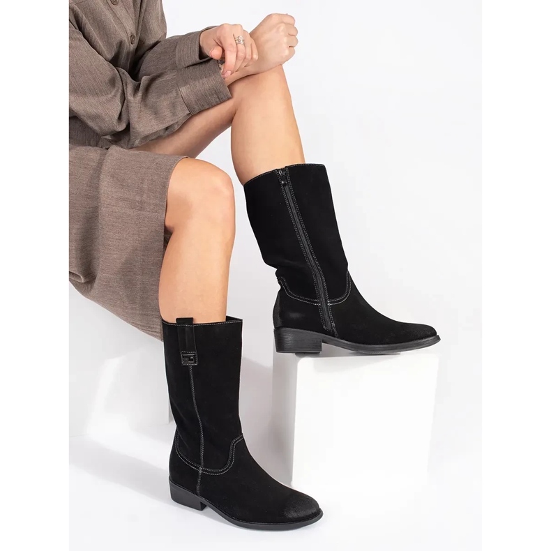 Botas cowboy femininas de couro preto com salto alto Sergio Leone 1