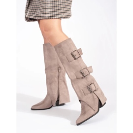 Seastar Botas femininas de camurça bege de salto alto com fivelas 2