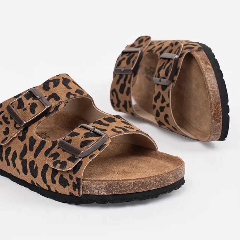 Goodin Flipers de couro feminino com estampa de leopardo castanho 1 Goodin Flipers de couro feminino com estampa de leopardo castanho 1