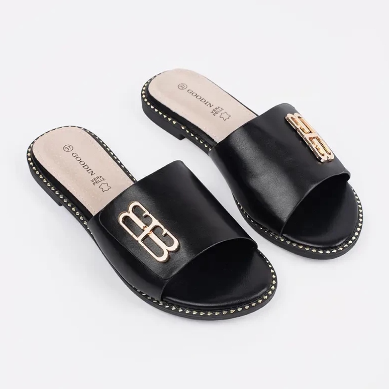 Goodin Chinelos de mulheres negras em uma sola plana com um ornamento preto 1