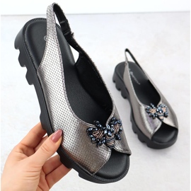 Sandálias femininas na plataforma perfurada prata metálica Potocki sz12610 1