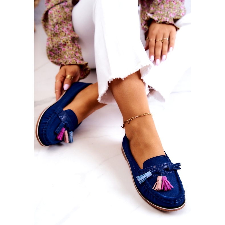Evento Mocassins femininos de camurça com franjas azul marinho Laressa 1