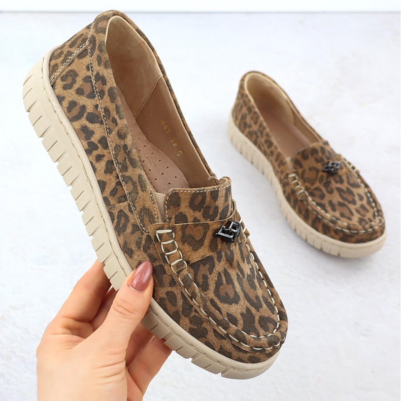 Moccasins de couro feminino Leopards Brown Helios 441 marrom 1