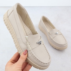 Mocassins de couro feminino Ekri Helios 441 bege 1