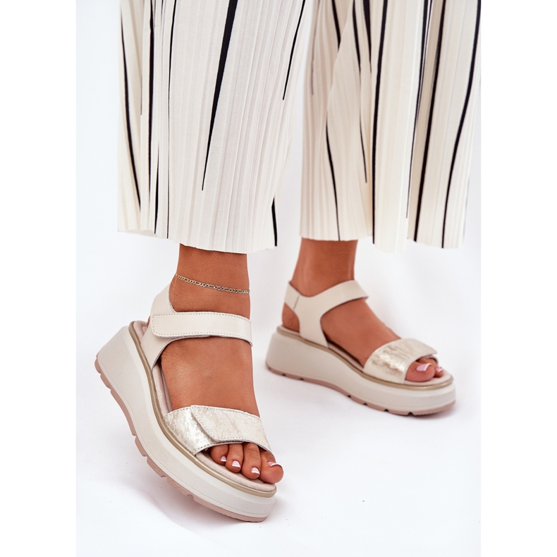 S.Barski Sandálias de couro Plataforma feminina e velcro cunha S. Barski LR51-543 Gold dourado 2