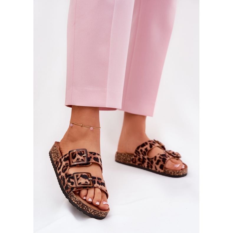 Chinelos femininos com grampos na estampa de leopardo marrom de Cork sola castanho 2 Chinelos femininos com grampos na estampa de leopardo marrom de Cork sola castanho 2