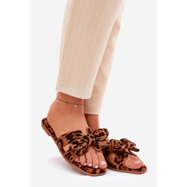 Chinelos de mulheres planas com arco de leopardo do arco marrom 1