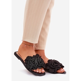 Chinelos de mulheres lisadas com flores decorativas de flores pretas preto 1