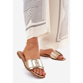 Chinelos femininos de couro eco e fivela dourada dourado 1