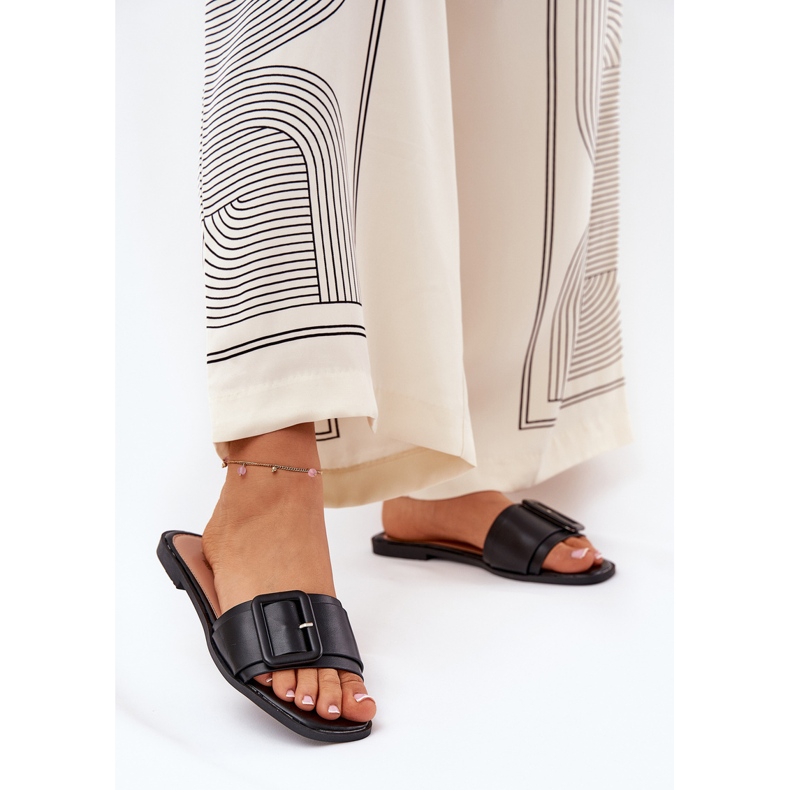 Chinelos femininos de couro eco e fivela preta com fivela preta preto 2