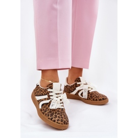 Tênis femininos baixos com leopardo de renda marrom 2