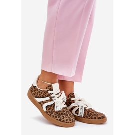 Tênis femininos baixos com leopardo de renda marrom 1