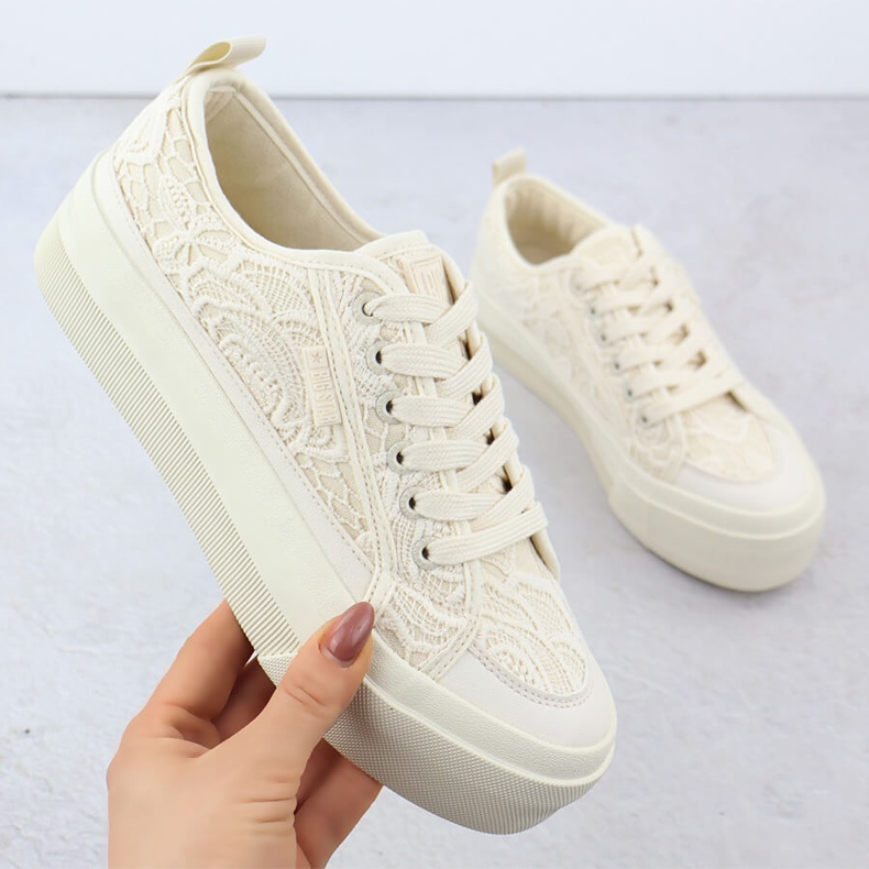 Big Star Tênis femininos baixos com renda bege grande estrela rr274746 1