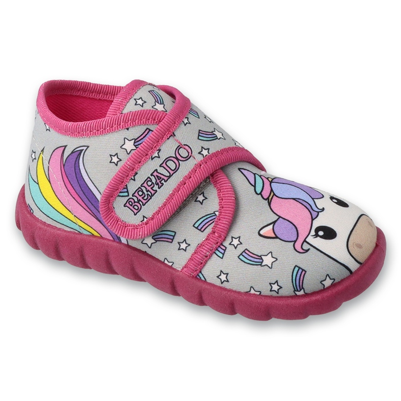 Chinelos infantis Befado com velcro, rosa 465P168, unicórnio cinza 1 Chinelos infantis Befado com velcro, rosa 465P168, unicórnio cinza 1