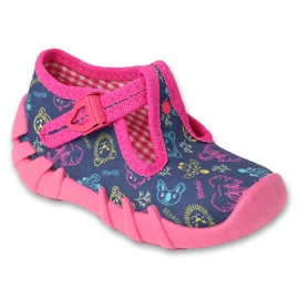 Chinelos infantis Befado com fecho 110N492, rosa com aplicações coloridas azul 1