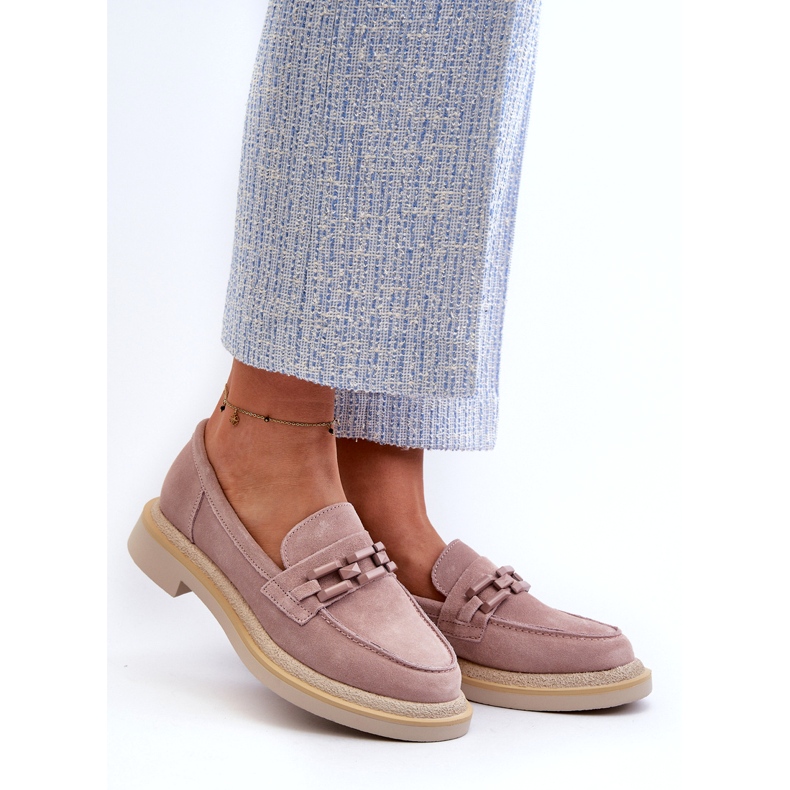 S.Barski Mocassins femininos de camurça com salto plano e decoração D&amp;A TW101 rosa sujo 1