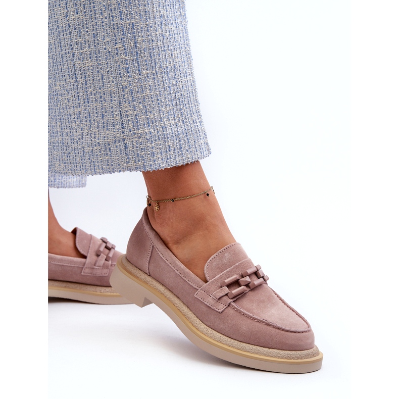 S.Barski Mocassins femininos de camurça com salto plano e decoração D&A TW101 rosa sujo 2 S.Barski Mocassins femininos de camurça com salto plano e decoração D&A TW101 rosa sujo 2