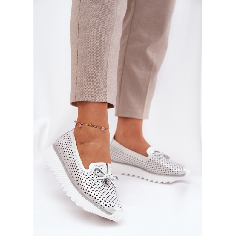 S.Barski Sapatos femininos de couro aberto de couro feitos de couro natural LR51-631 Silver prata 2