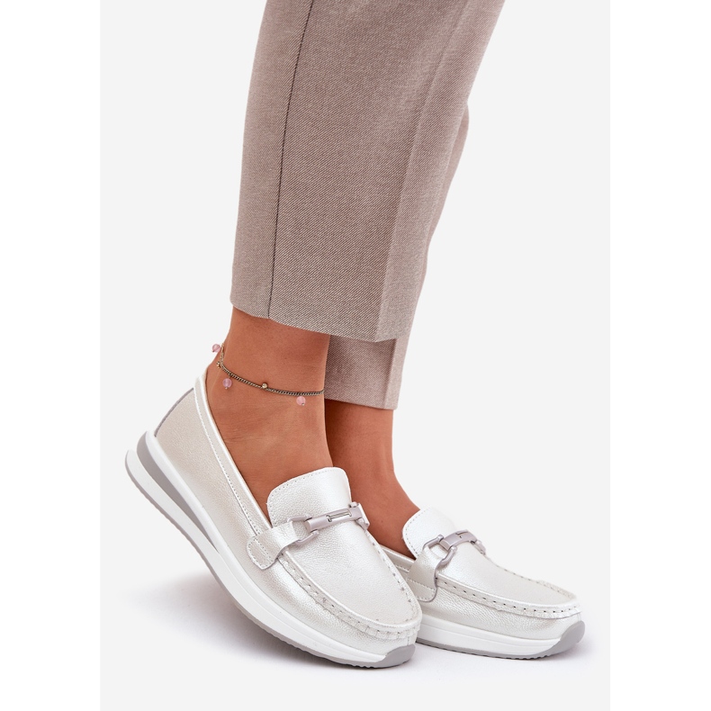 Mocas de couro feminino S.Barski Gr51-598 Pearl prata 1