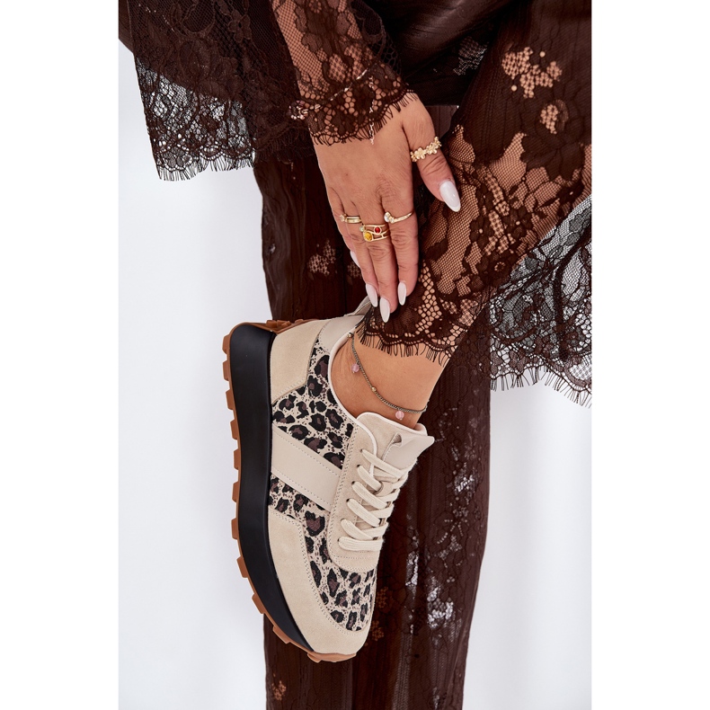 Tênis de camurça feminina na plataforma Leopard Vinceza 66793 bege 1