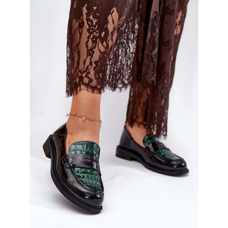 Mocassins de couro feminino de Vinceza pintados 91125 preto verde-preto 2