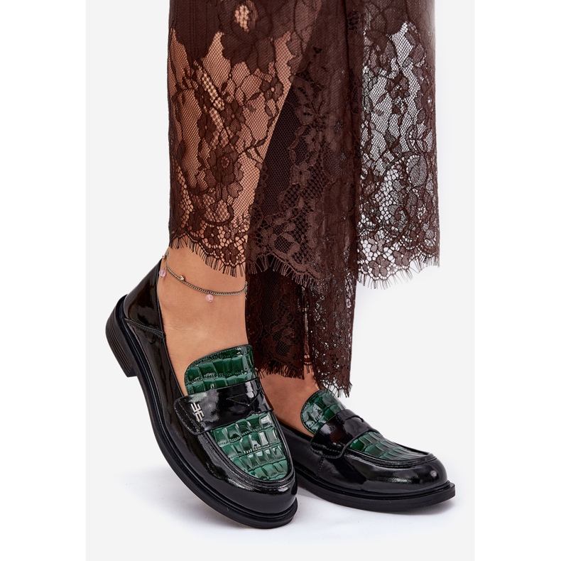 Mocassins de couro feminino de Vinceza pintados 91125 preto verde-preto 1