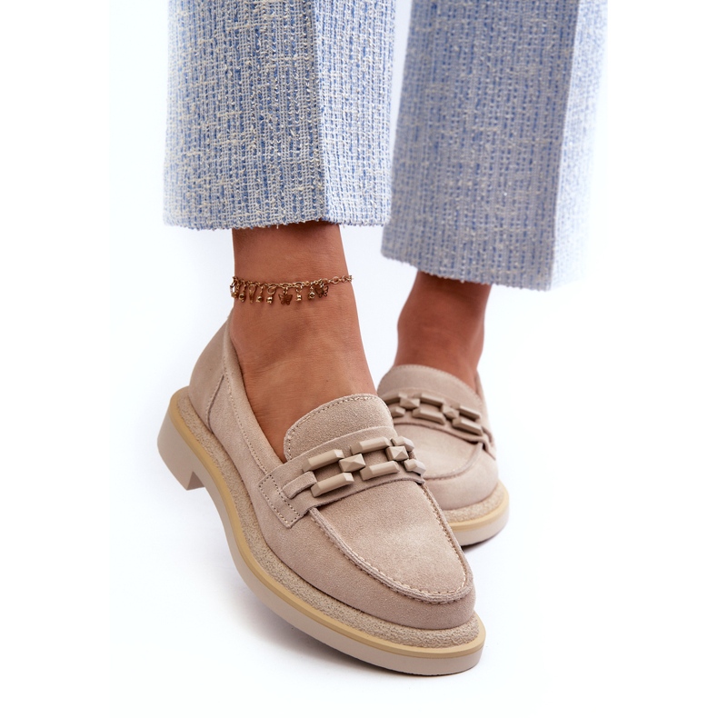 S.Barski Mocas de couro de salto plano feminino com decoração Tw101 Light Beige bege 2