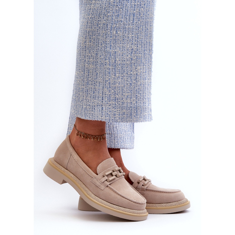 S.Barski Mocas de couro de salto plano feminino com decoração Tw101 Light Beige bege 1