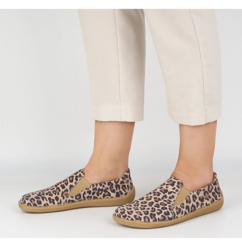 Sapatos de couro feminino descalço Pollonus escorregou 5-1308-023 Impressão de leopardo bege 1