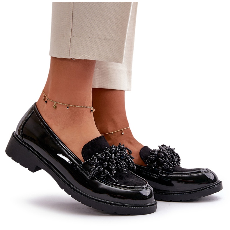 S.Barski Mocassins envernizados femininos S. Barski Hy369a Black com um ornamento preto 5