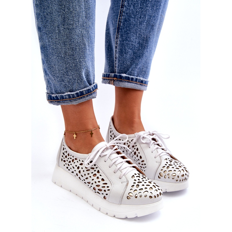 Zazoo 2821 sapatos femininos de couro perfurado branco 3