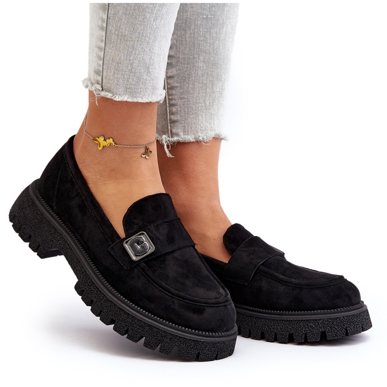 Vinceza Mocassins negros eco-elendos femininos com cinto decorativo e uma inserção de couro preto 4
