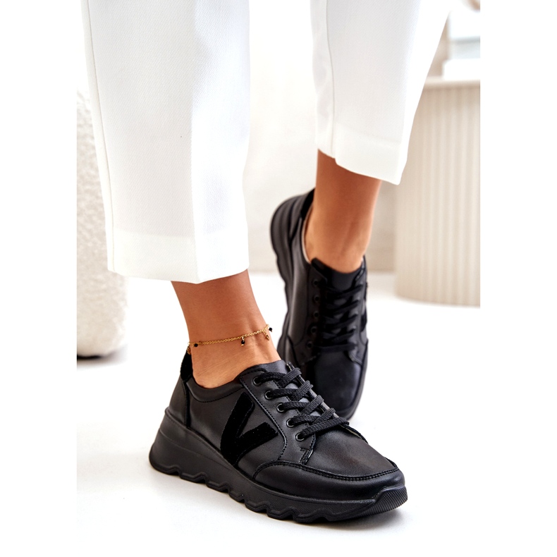 Vinceza 7918 calçados esportivos femininos de couro preto 1