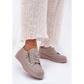 Vinceza Tênis de couro esportes de couro na plataforma com o castelo Vincez 88019 Dark Beige bege 2