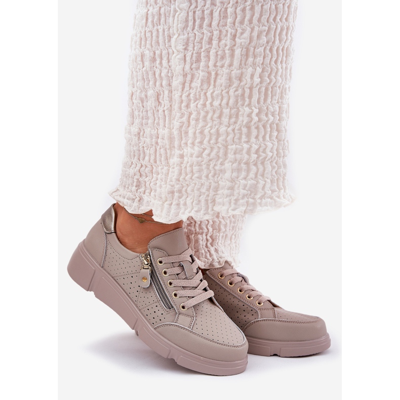 Vinceza Tênis de couro esportes de couro na plataforma com o castelo Vincez 88019 Dark Beige bege 1