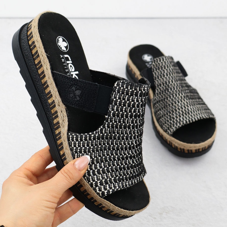 Cunhas de couro feminino de couro preto preto rieker v7953-00 1