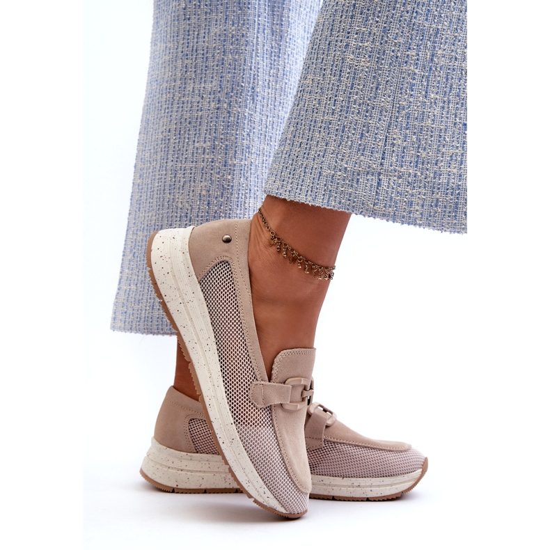 S.Barski Camurça feminina mocassins tw210 bege com um ornamento 3