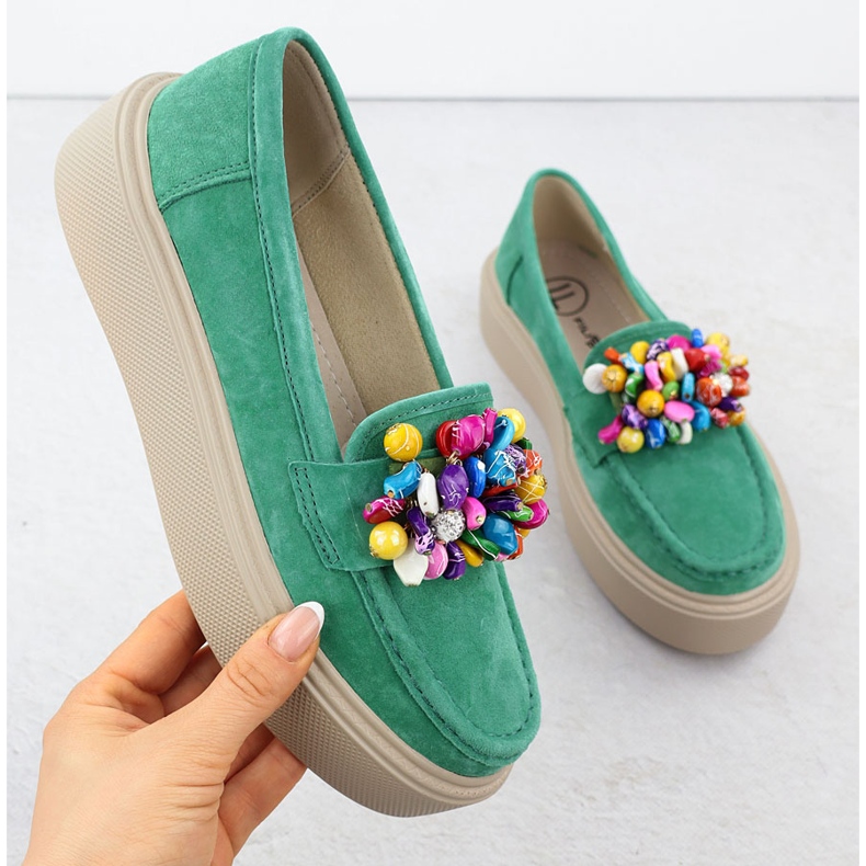 Mocas de couro na plataforma com contas verde Filippo DP6765 1 Mocas de couro na plataforma com contas verde Filippo DP6765 1